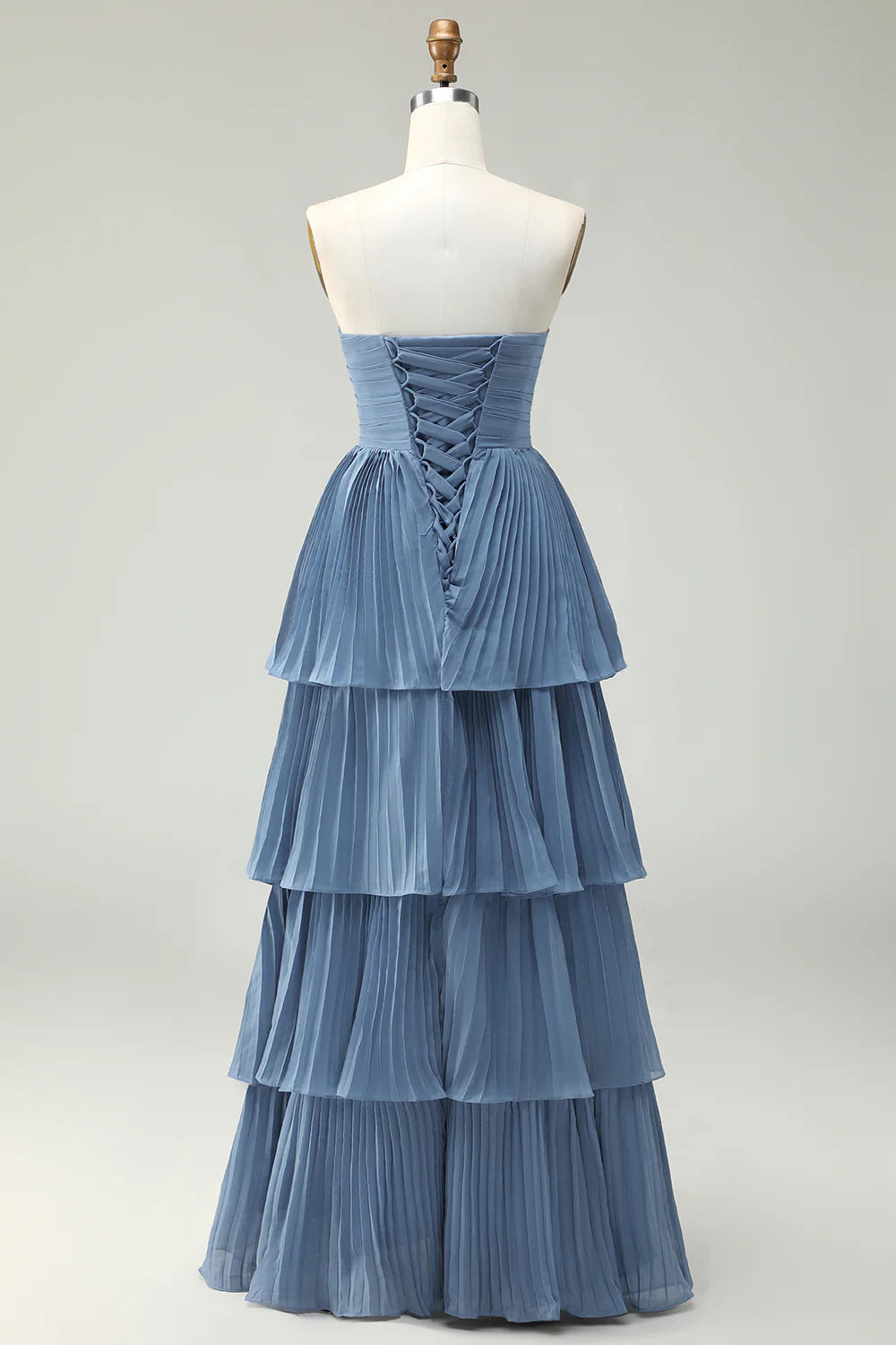Dusty Blue A Line Strapless Pleated Tiered Long Bridesmaid Dress with Ruffles