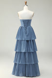 Dusty Blue A Line Strapless Pleated Tiered Long Bridesmaid Dress with Ruffles