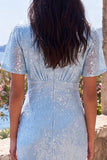 Sparkly Light Blue Sheath V Neck Wedding Guest Dress