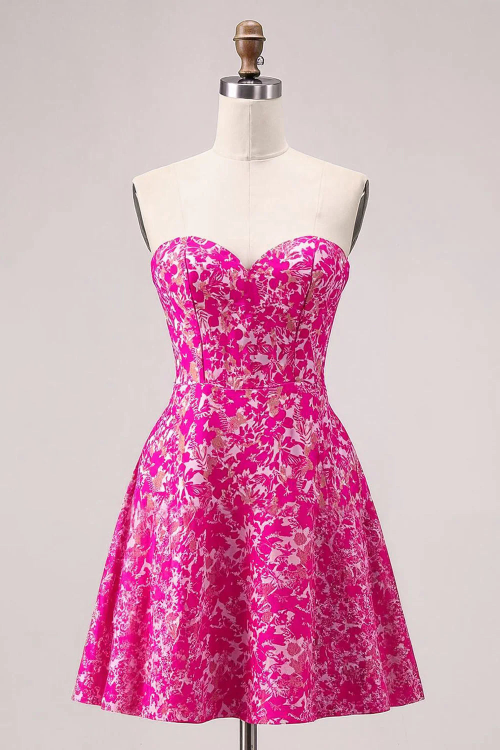Fuchsia Floral A Line Strapless Mini Homecoming Dress