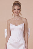Strapless Basque Satin Bodycon White Graduation Dress with Bow
