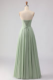 Sage Green Strapless A Line Pleated Long Bridesmaid Dress