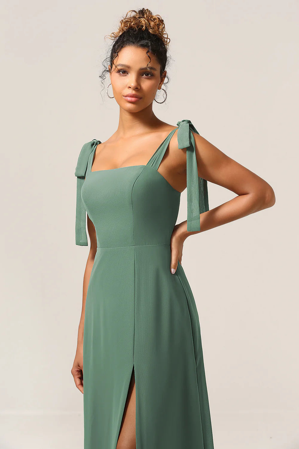 Eucalyptus A Line Spaghetti Straps Floor Length Bridesmaid Dress with Slit