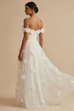 Off the Shoulder A Line Appliqued White Wedding Dress with Slit