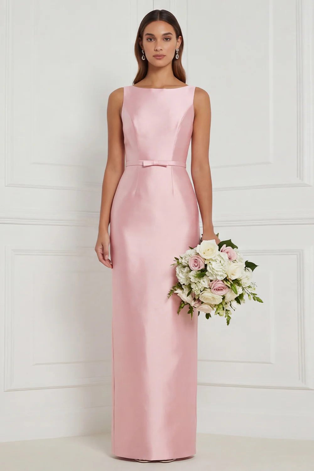 Sage Green Sheath Bateau Neck Satin Bridesmaid Dress