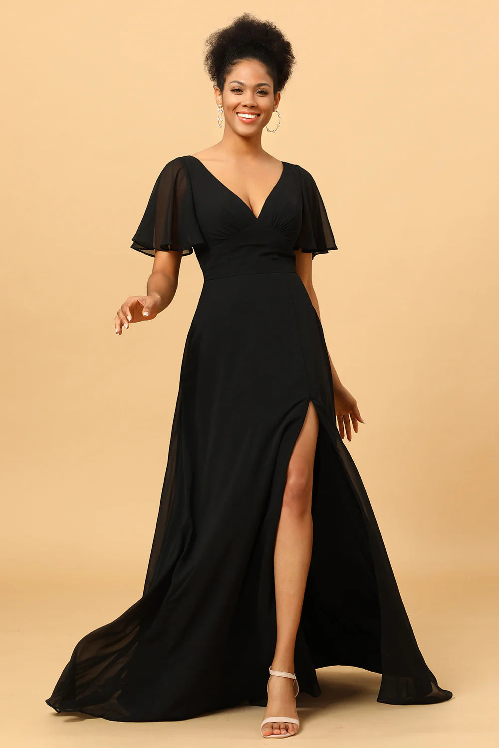 A Line V Neck Long Chiffon Bridesmaid Dress with Slit