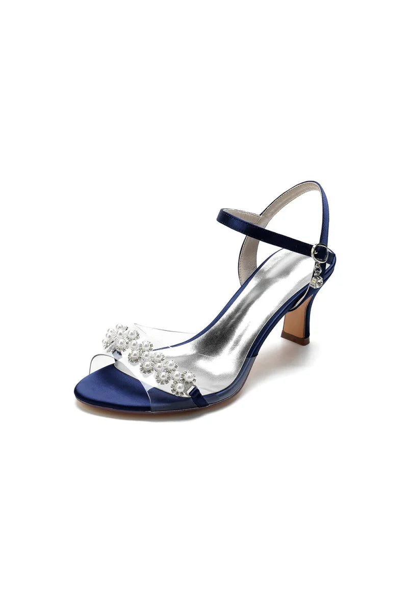 Pearl Open Toe Buckle Strap Chunky Heels