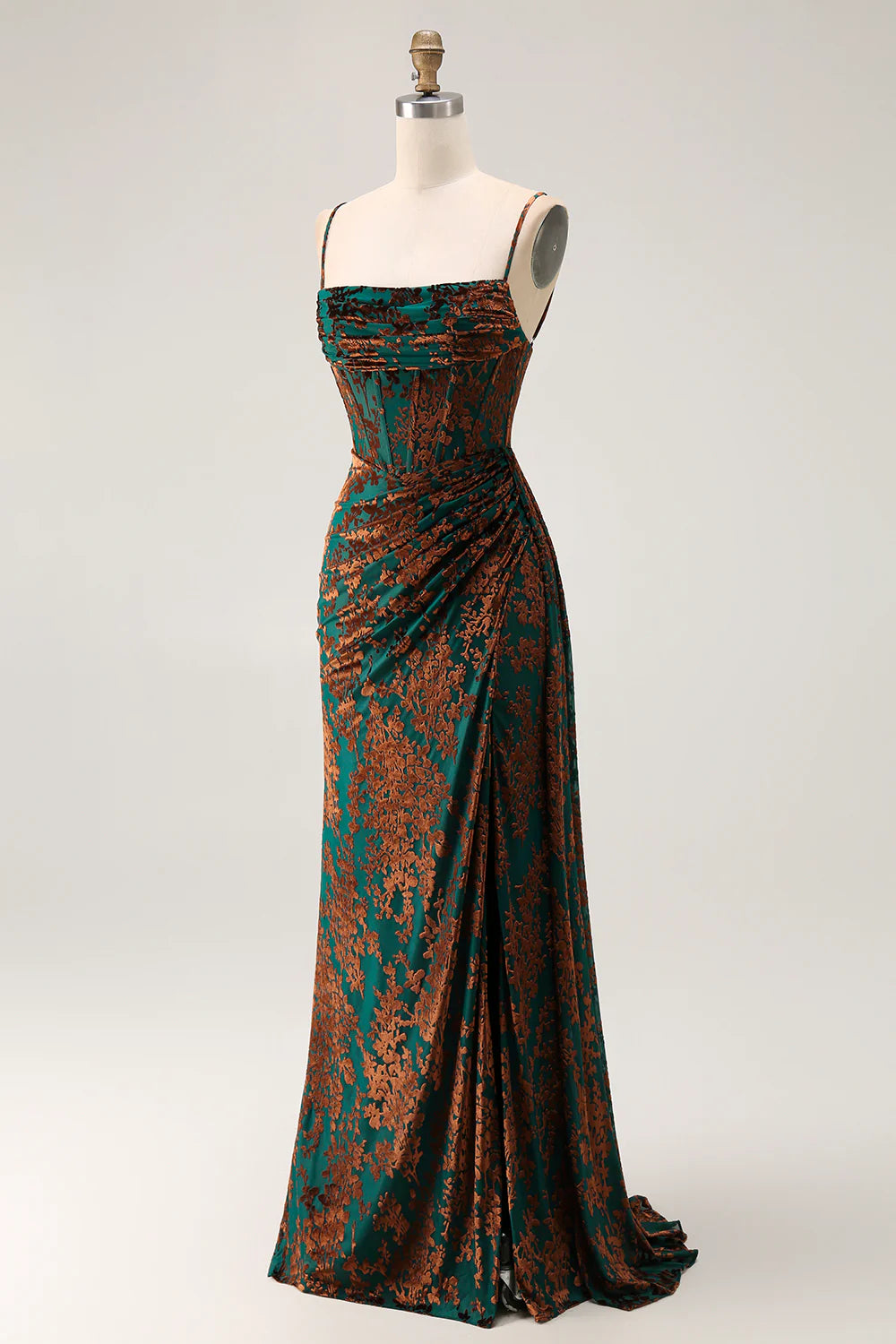 Dark Green Mermaid Corset Streamer Long Floral Burnout Velvet Dress with Slit