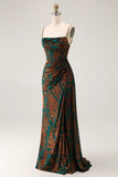 Dark Green Mermaid Corset Streamer Long Floral Burnout Velvet Dress with Slit