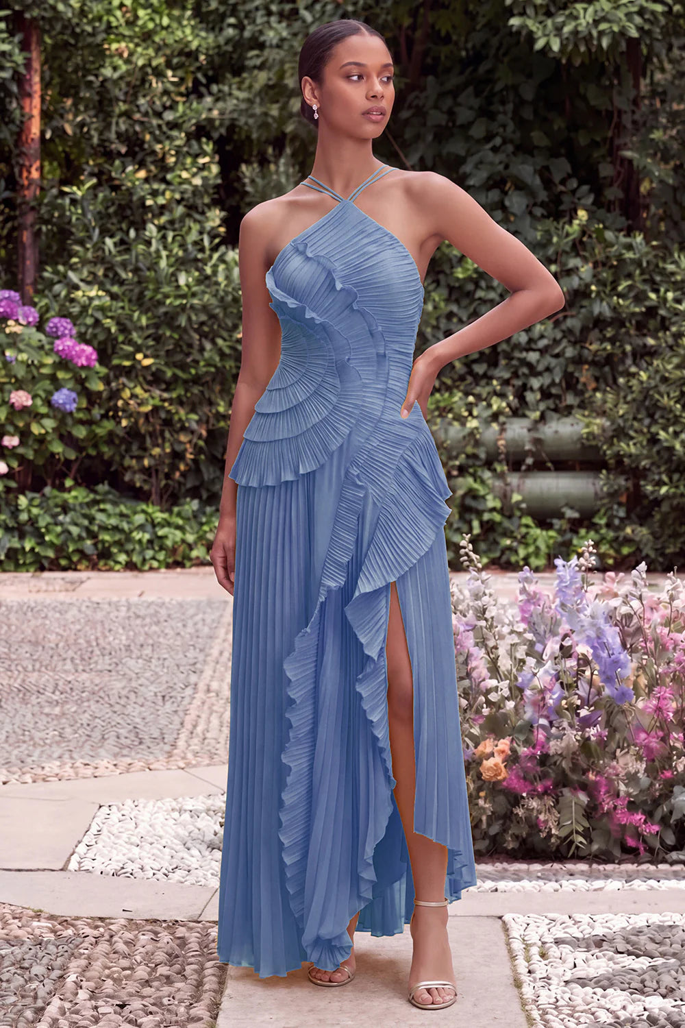 Lilac Halter A Line Pleated Ruffled Bridesmaid Dress with Slit