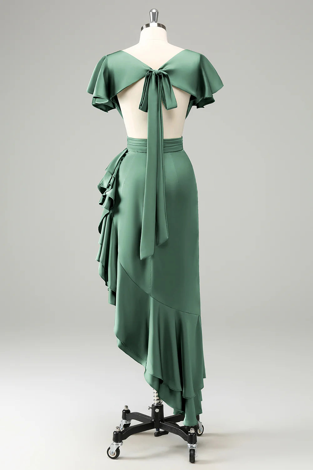 Elegant Olive A Line V Neck Short Sleeves Asymmetrical Bridesmaid Dress with Ruffles