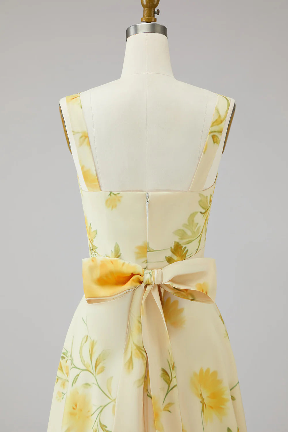 Yellow A Line Floral Bridesmaid Dress with Bow