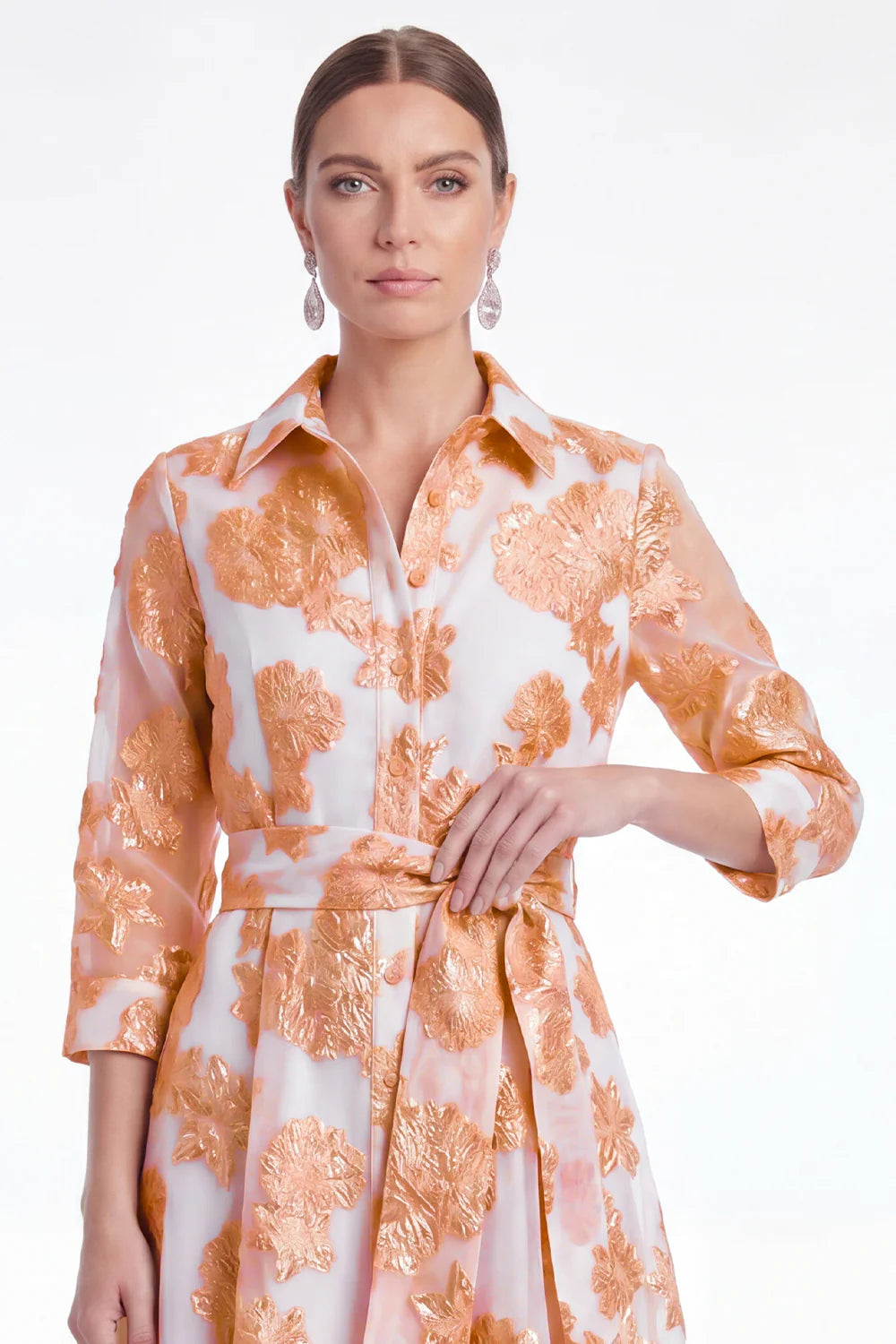 Gold Floral Jacquard A Line Collar Mother of the Bride Dress with 3 4 Sleeves