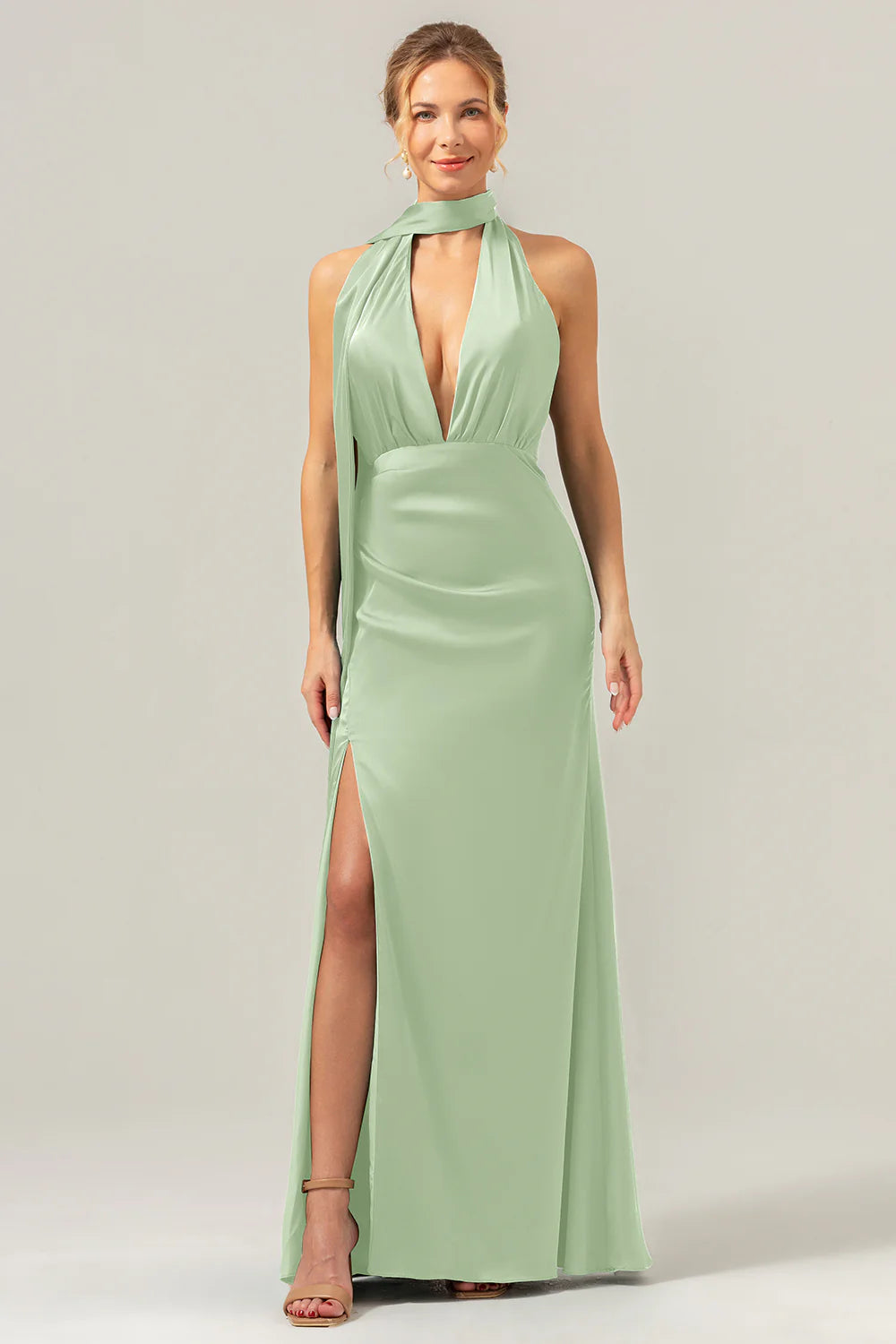 Peacock Sheath Deep V Neck Open Back Convertible Long Satin Bridesmaid Dress with Streamer
