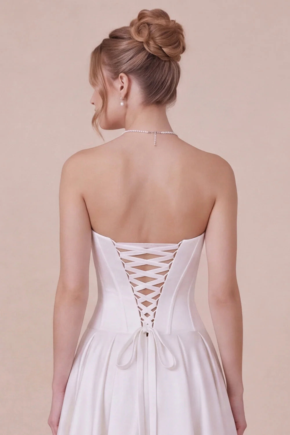 White Satin A Line Corset Midi Dress with Lace up Back