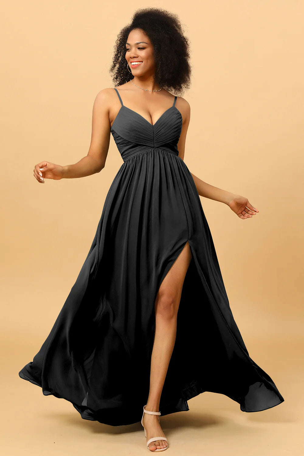 A Line Spaghetti Straps Ruched Long Chiffon Bridesmaid Dress with Slit
