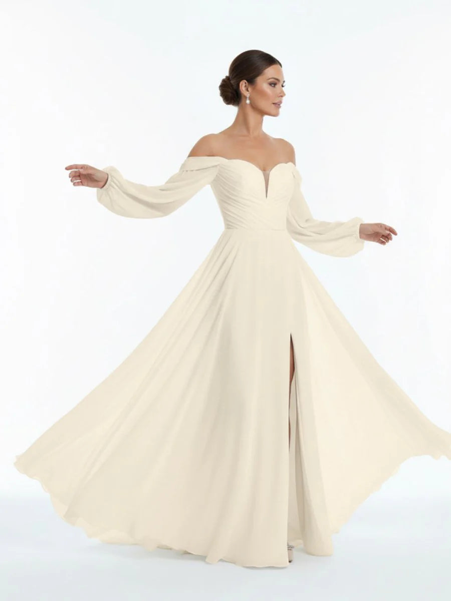 A Line Sweetheart Long Sleeves Chiffon Sweep Train Wedding Dress