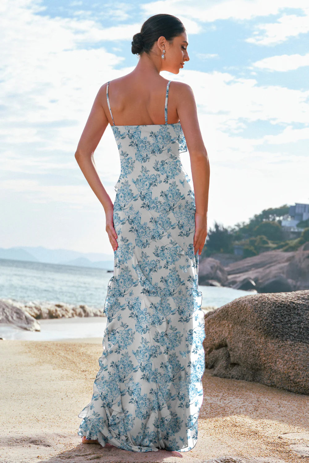 Green Large Sheath Spaghetti Straps Ruffle Floral Dress with Slit