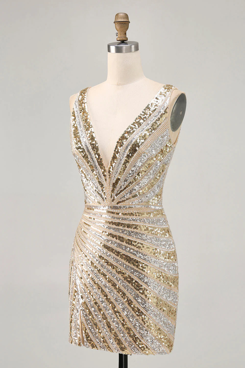 Sparkly Sequins Golden V Neck Backless Short Homecoming Dress