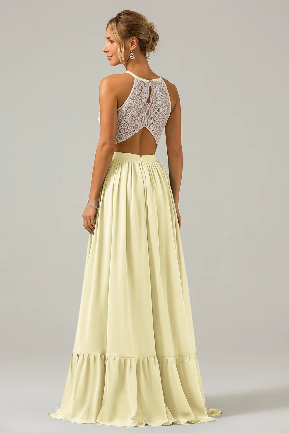 A Line Halter Pleated Keyhole Chiffon Bridesmaid Dress With Lace