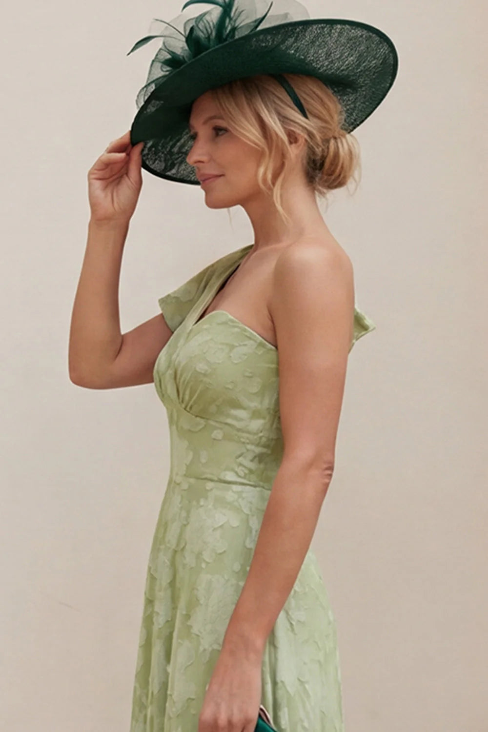 Sage Green A Line Ruched One Shoulder Mother of the Bride Dress