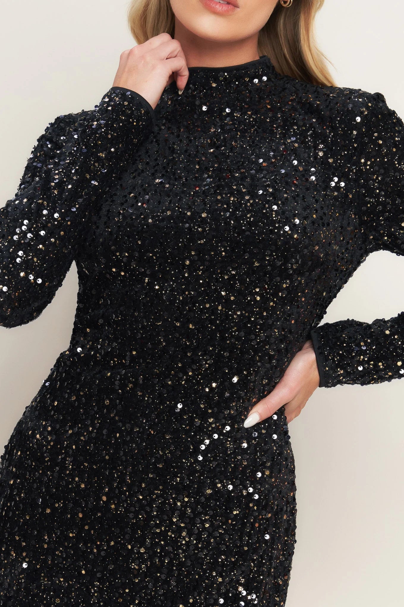 WHIMS OF FATE BLACK SEQUIN MINI DRESS WITH LONG SLEEVES FINAL SALE