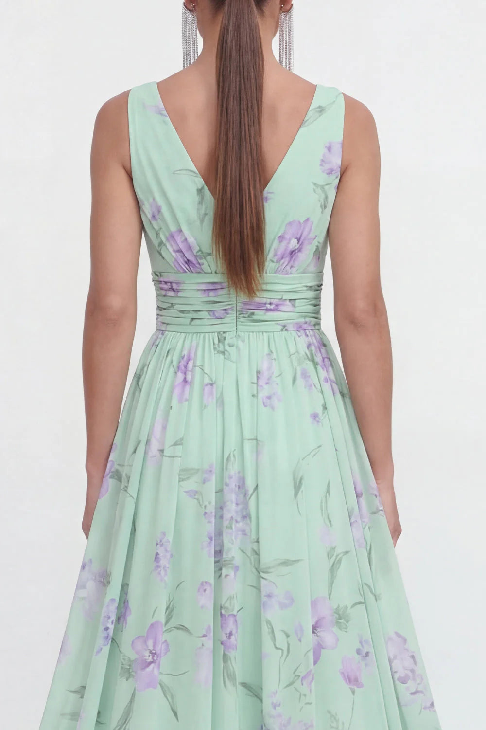Floral A Line V Neck Sleeveless Blue Wedding Guest Dress