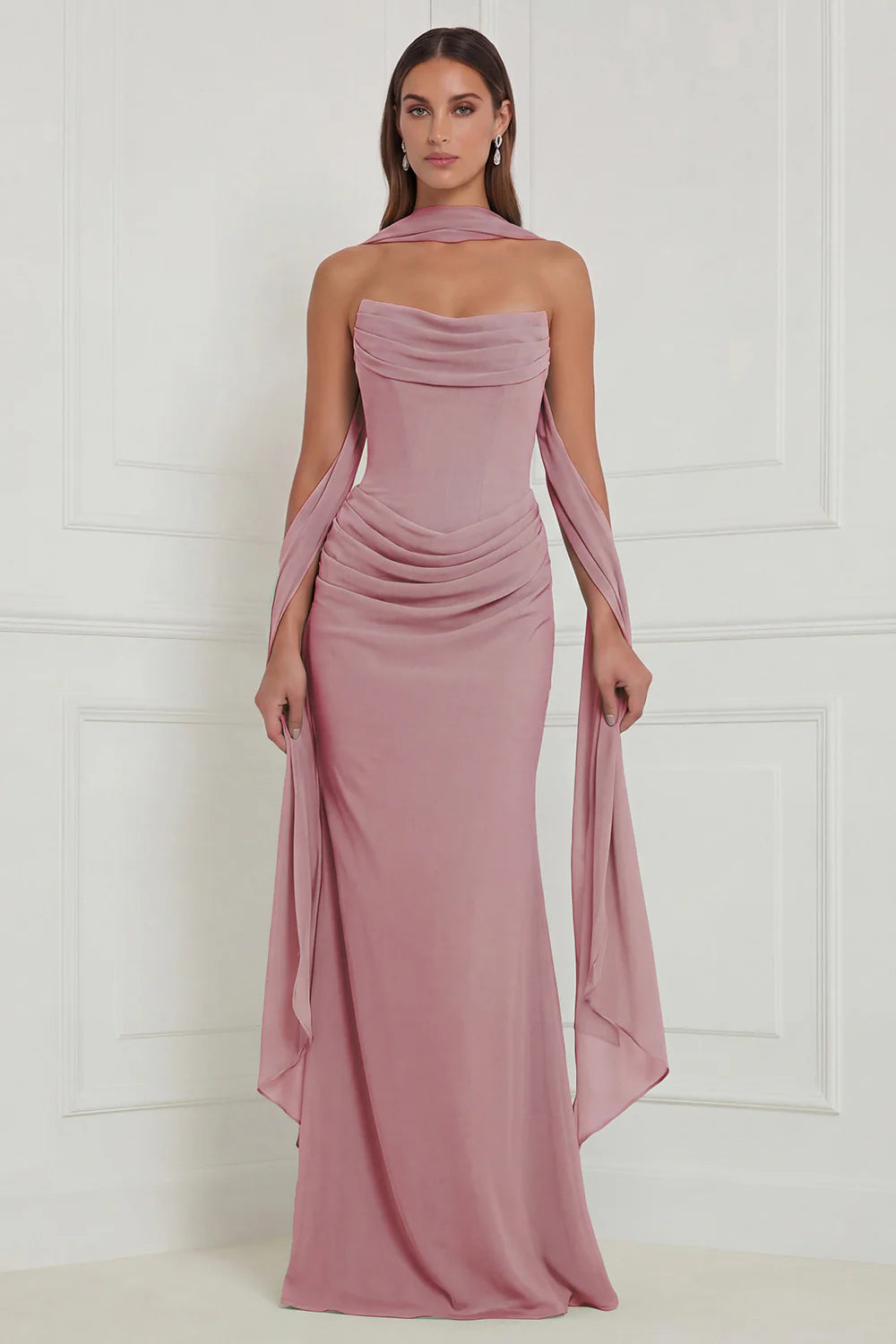 Strapless Ruched Sage Bridesmaid Dress with Scarf