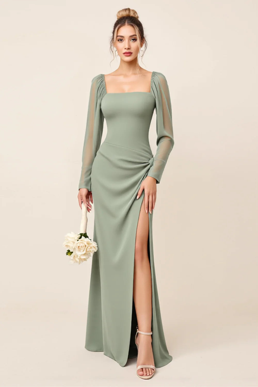Eucalyptus Sheath Square Neck Long Sleeves Long Bridesmaid Dress