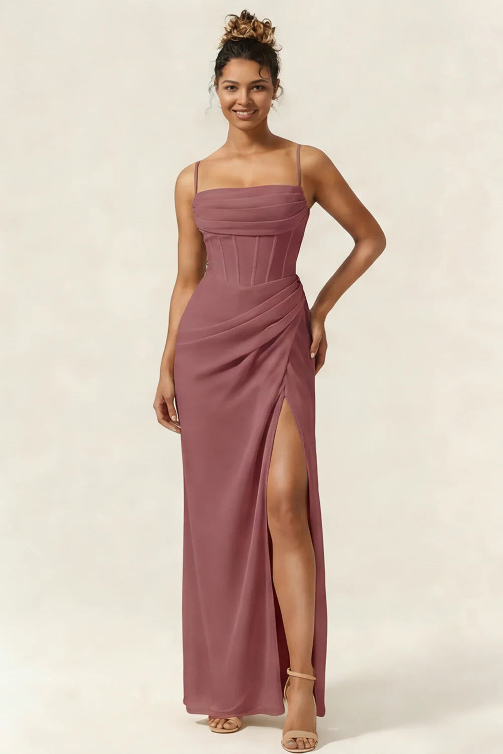 Green Flower Mermaid Corset Chiffon Long Bridesmaid Dress with Slit