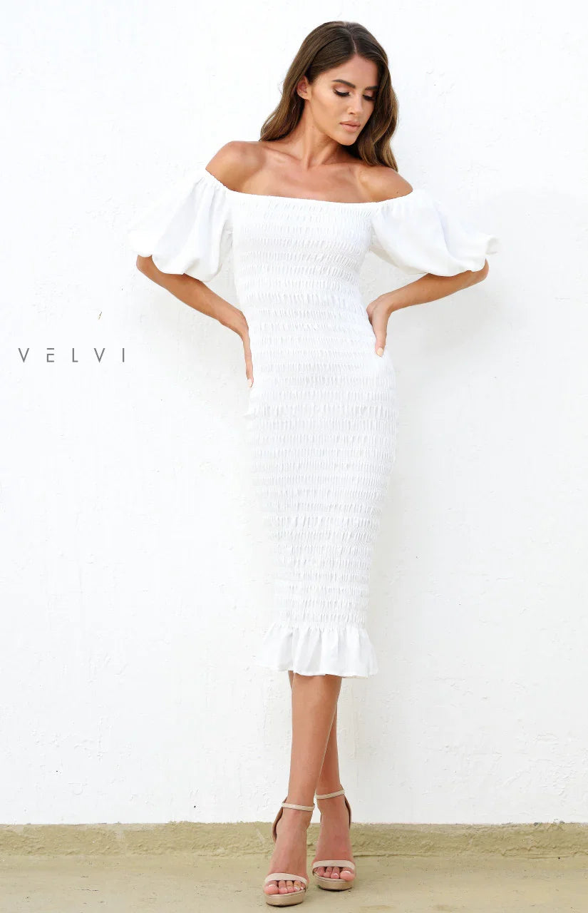Skyla Shirred Midi Dress WHITE