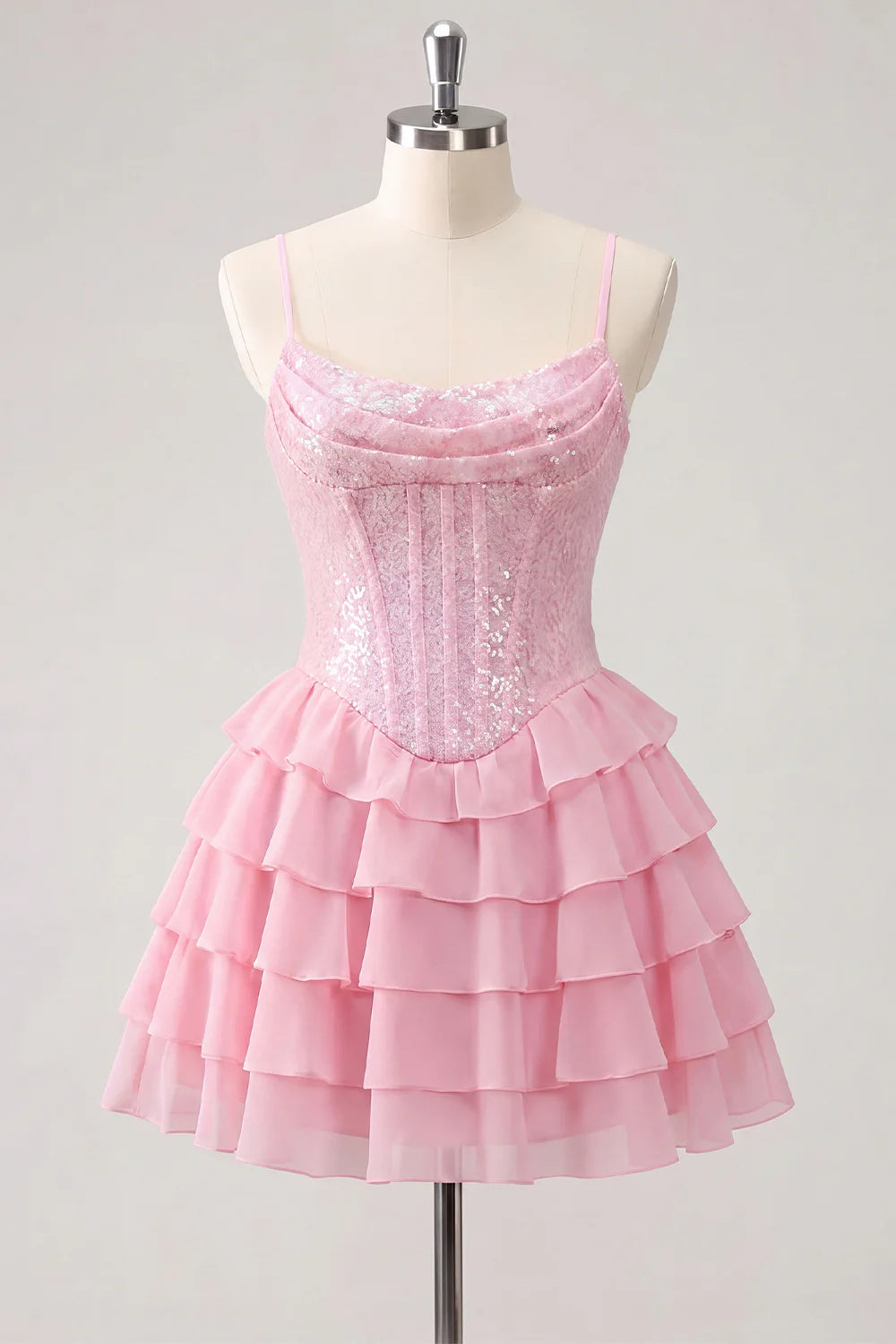 Champagne A Line Sequin Tiered Ruffle Short Homecoming Dress