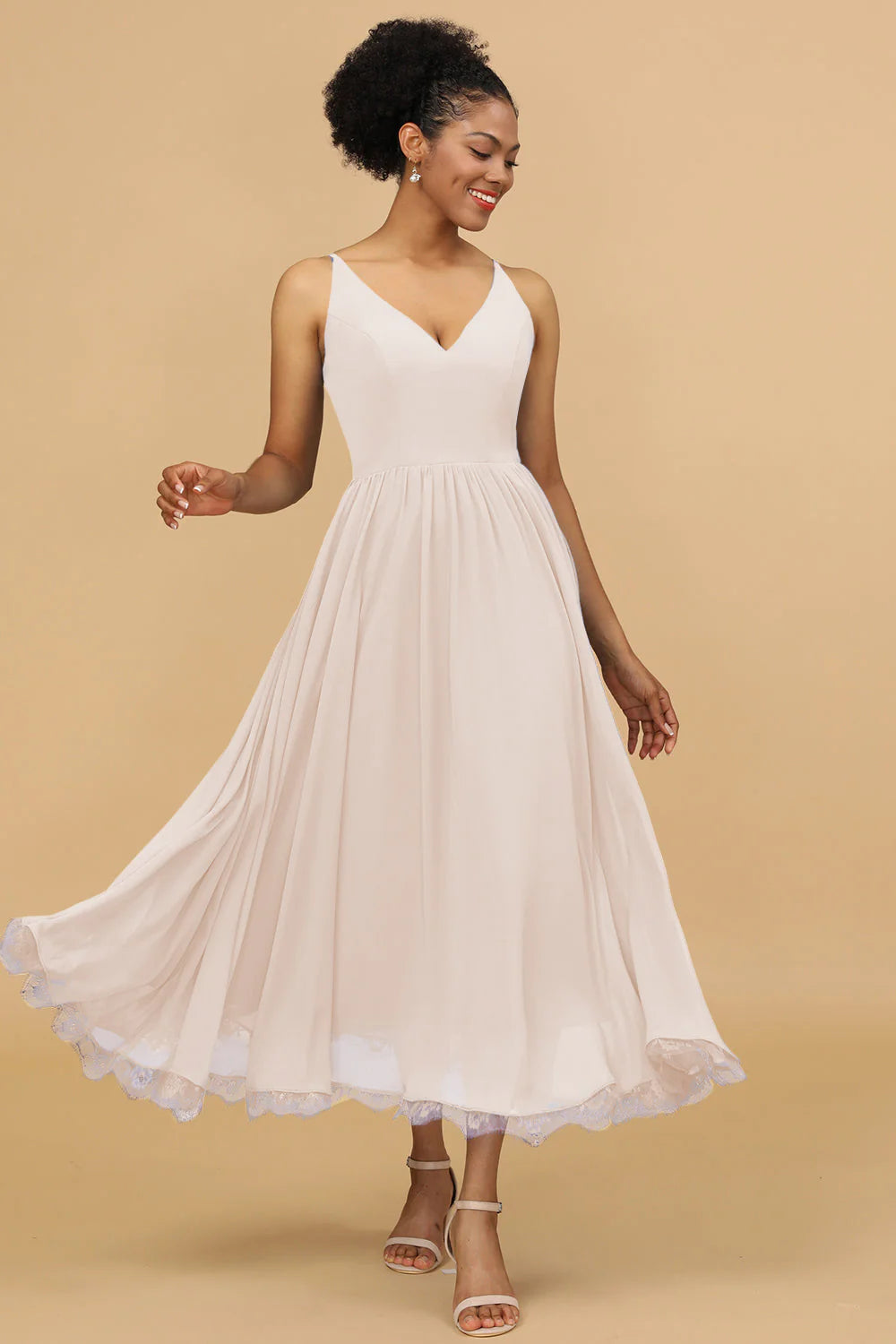 A Line Spaghetti Straps Long Chiffon Bridesmaid Dress with Ruffles