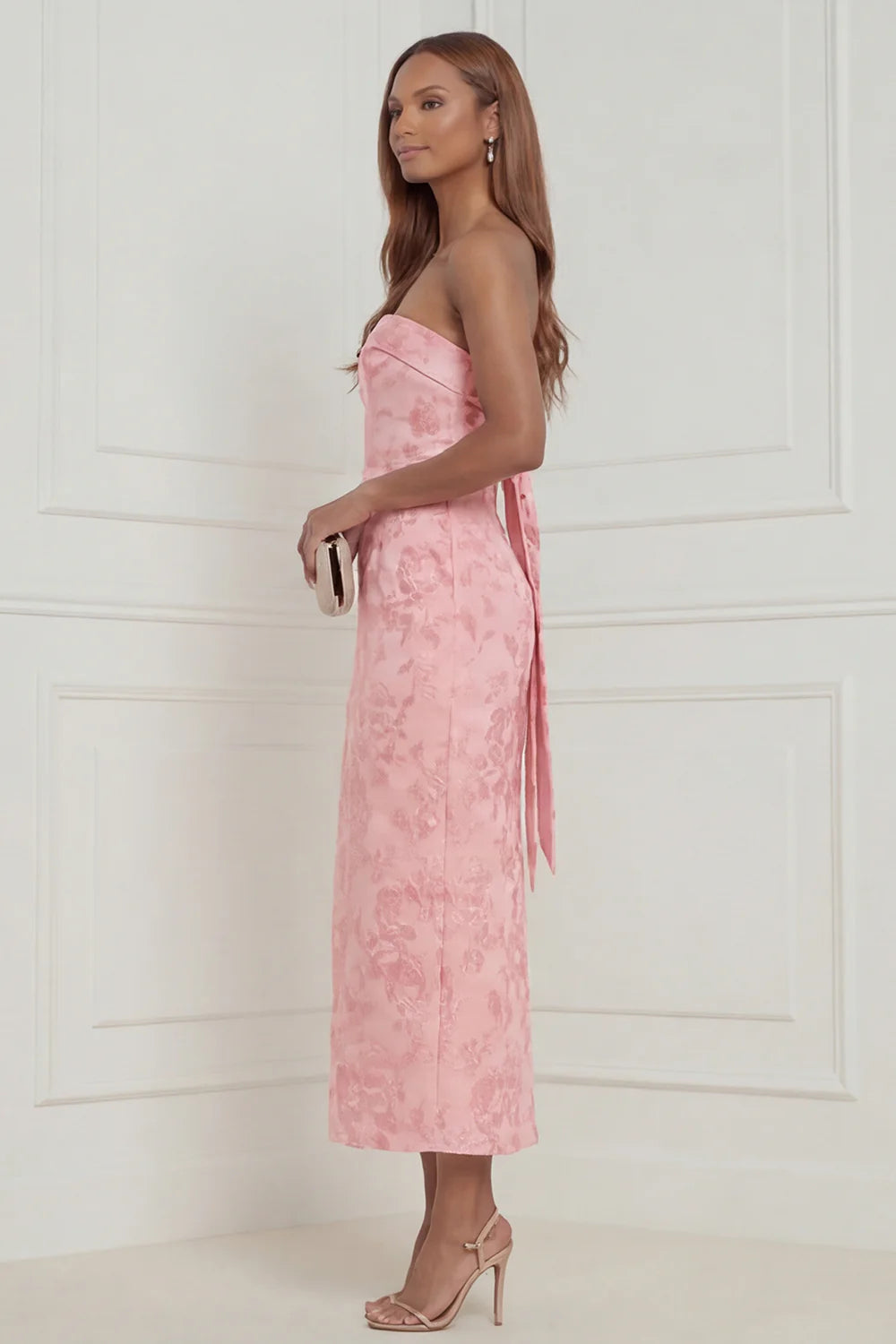 Sky Blue Sheath Strapless Jacquard Midi Wedding Guest Dress