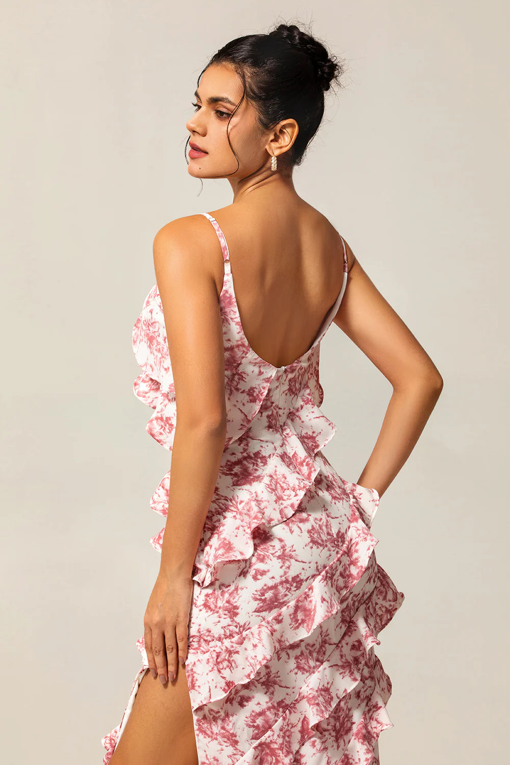 Blush Sheath Ruffle Chiffon Print Floral Long Bridesmaid Dress with Slit