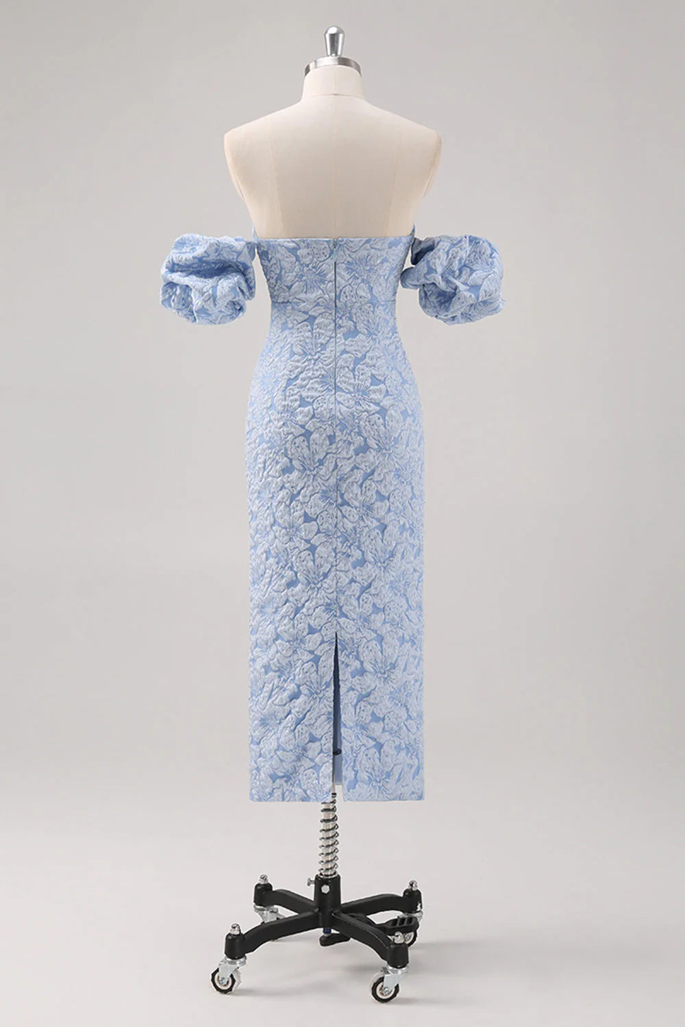 Simple Blue Floral Sheath Tea Length Brocade Formal Dress with Puff Sleeves