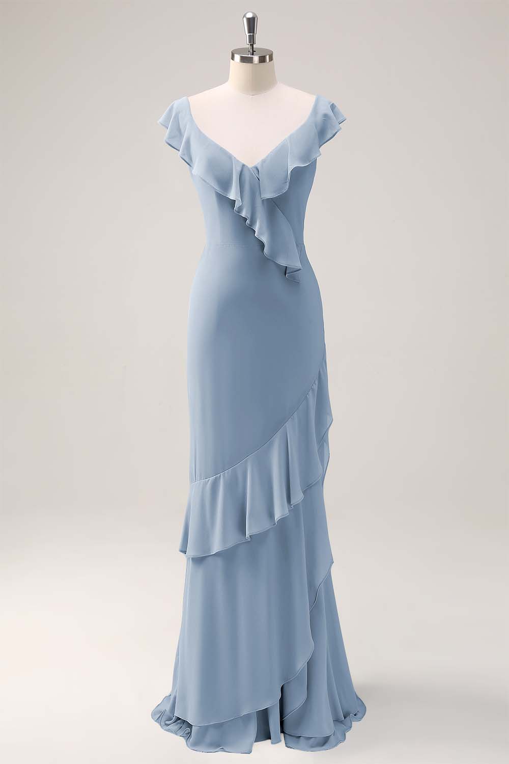 Dusty Sage Sheath V Neck Open Back Chiffon Long Bridesmaid Dress with Ruffles