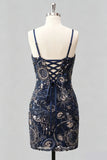 Navy Bodycon Sequin Embroidered Short Homecoming Dress