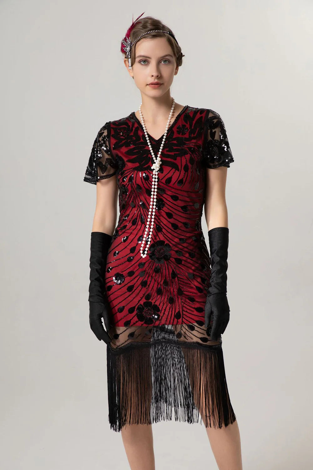 Black Sheath Fringed Midi V Neck 1920s Dress with Sequins