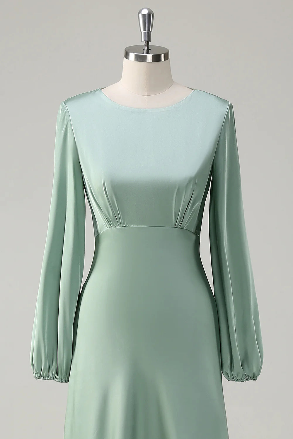Agave A Line Round Neck Satin Long Bridesmaid Dress with Long Sleeves