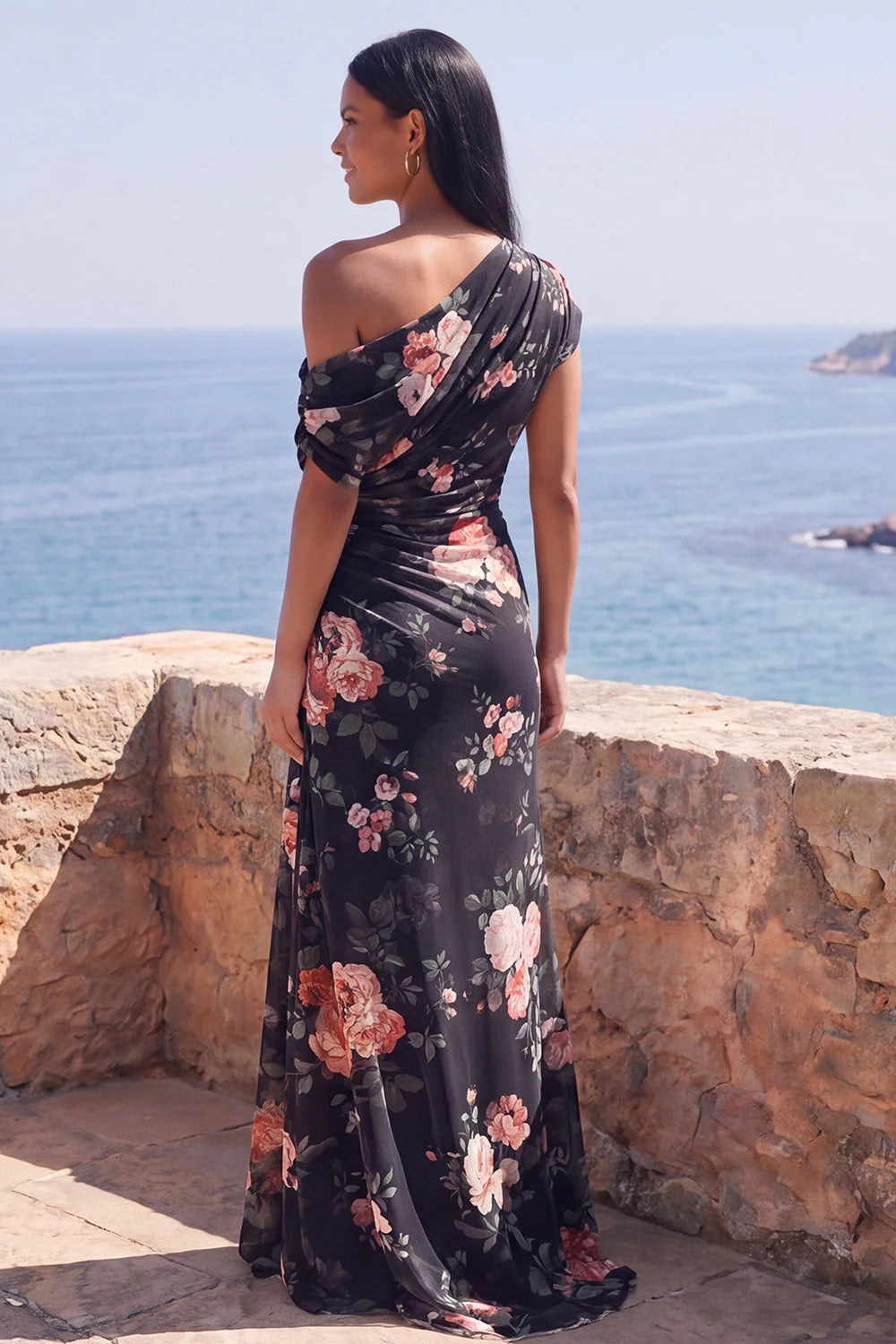 One Shoulder Ivory Floral Sheath Wedding Guest Dress with Slit