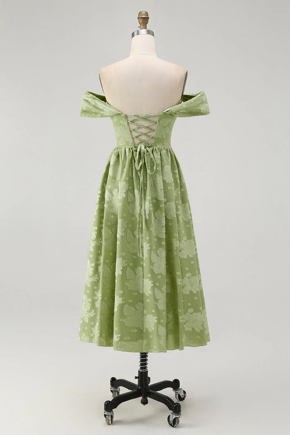 Sage Green Floral A Line Jacquard Off The Shoulder Midi Dress