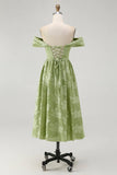 Sage Green Floral A Line Jacquard Off The Shoulder Midi Dress