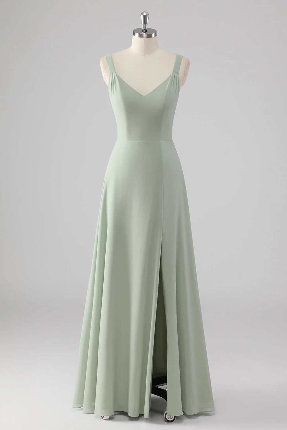 Sage Green Chiffon V Neck A Line Long Bridesmaid Dress with Slit