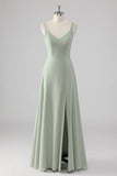 Sage Green Chiffon V Neck A Line Long Bridesmaid Dress with Slit