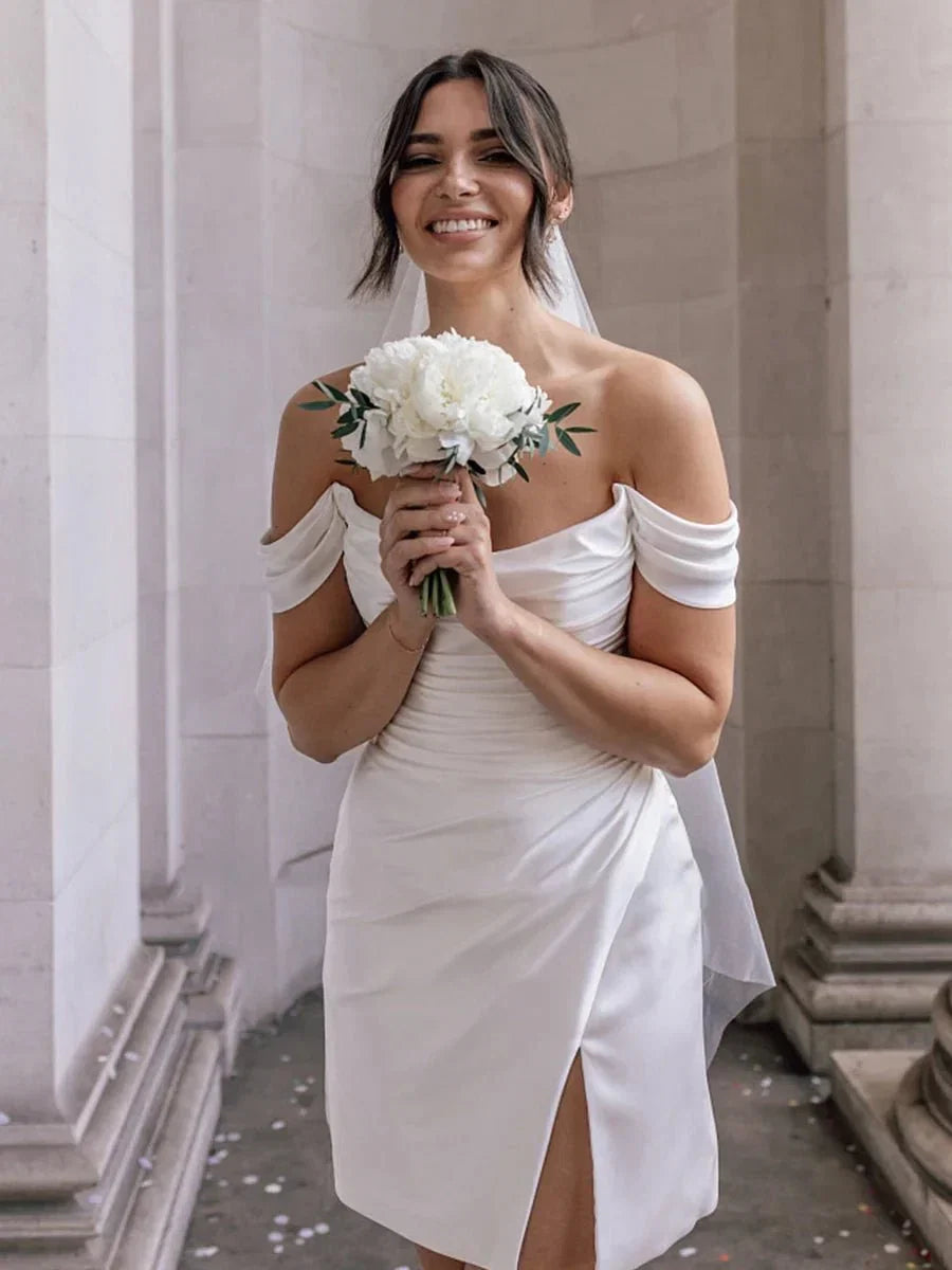 Off the Shoulder Short Satin Cowl Neck Simple Formal Wedding Dress With Slit
