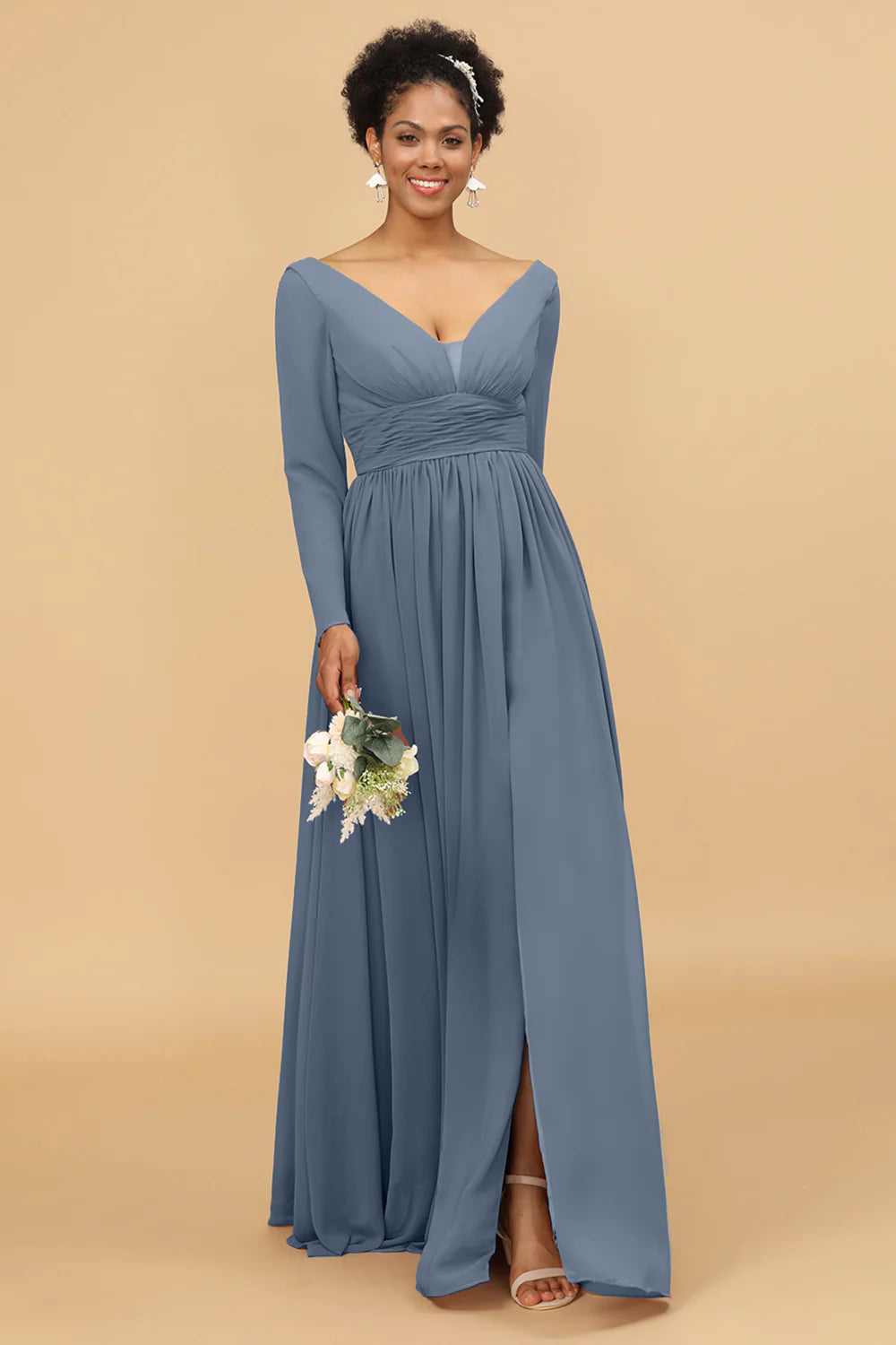 A Line V Neck Long Sleeves Chiffon Bridesmaid Dress with Slit