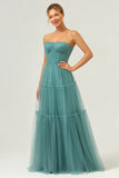 A Line Strapless Corset Tulle Long Eucalyptus Bridesmaid Dress
