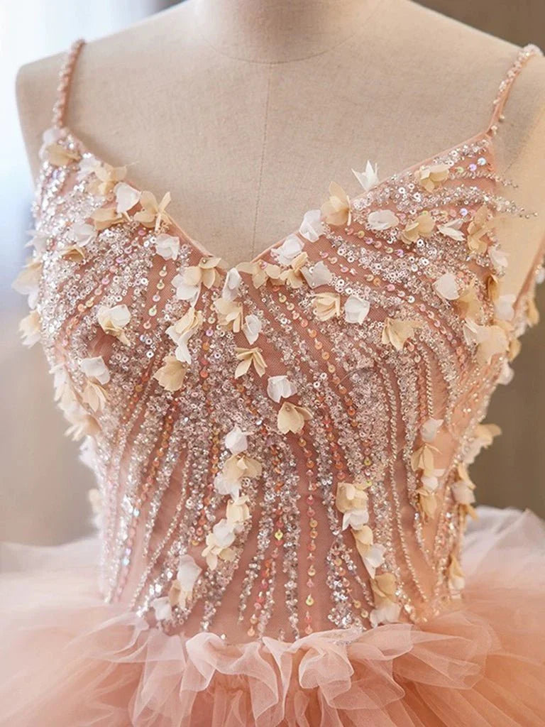 Unique Orange V Neck Tulle Sequin Orange Pink Long Quinceanera Dress