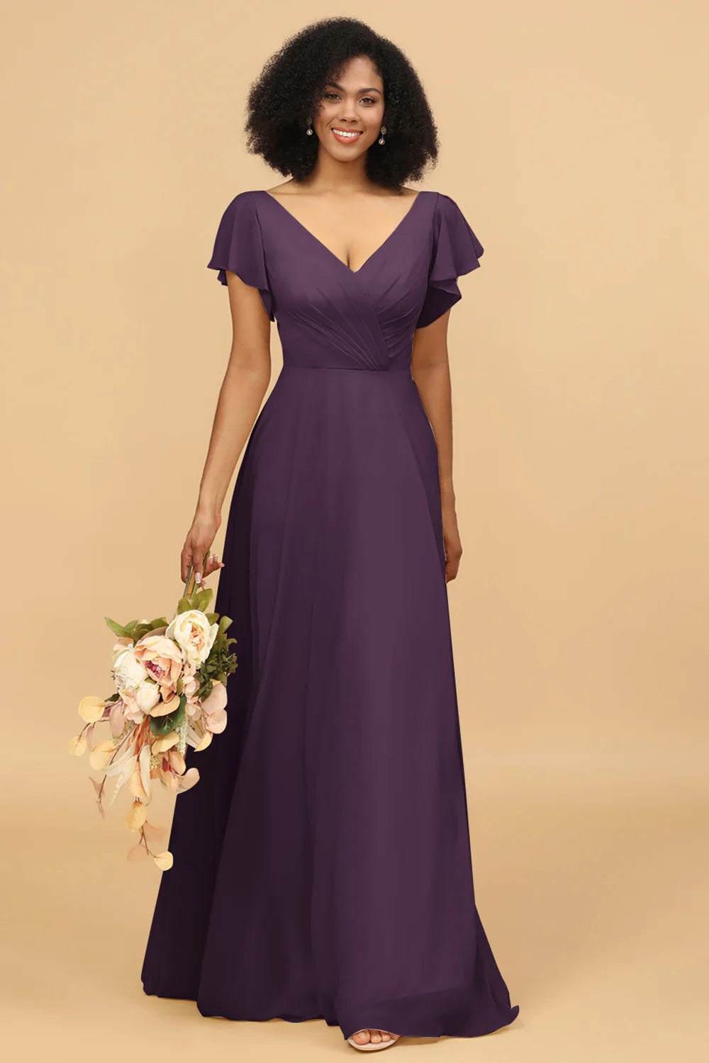 V Neck Cape Long Floor Length Chiffon Bridesmaid Dress